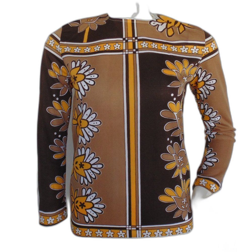 HELEN SUE Tunic/Top, S, Poly, Brown/yellow, Color Block, Long sleeve, Back zip